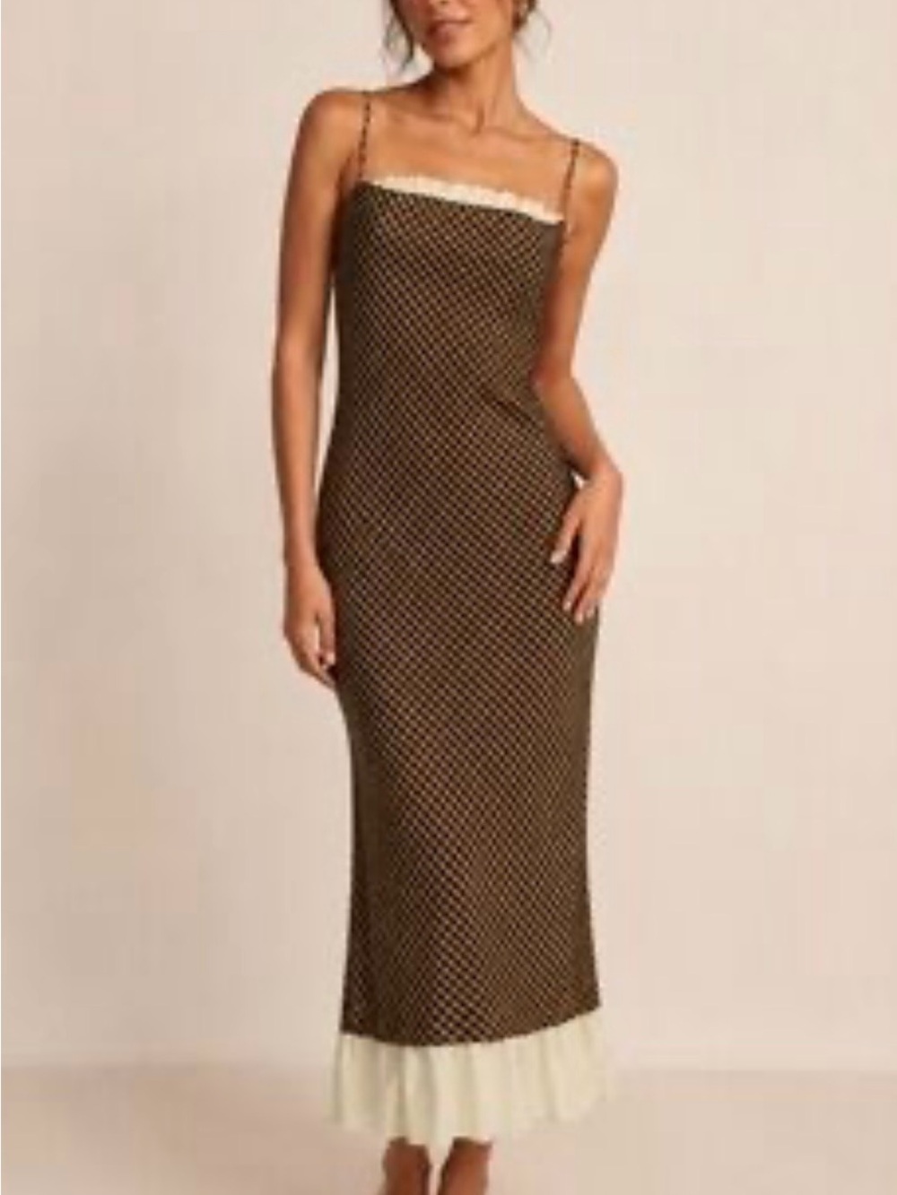 ANTONIO MELANI Brown Spotted Maxi Dress with Cream Trim